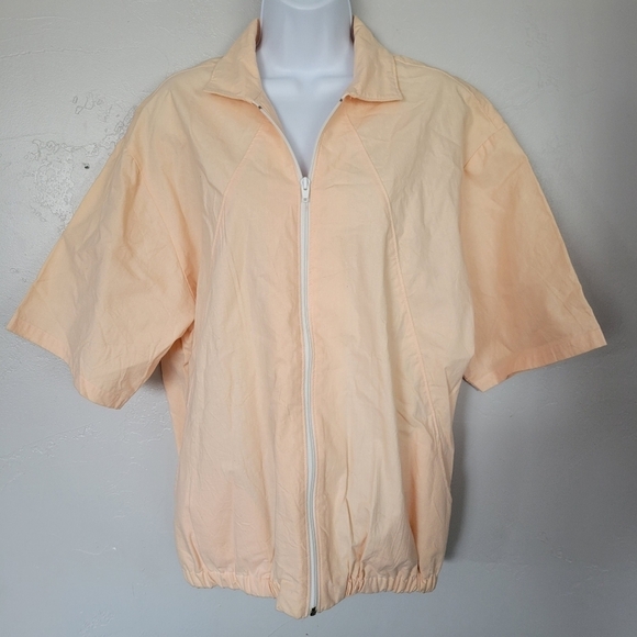 GM Parts Vintage Large Peach Zip Up Shirt Jacket Short Sleeve Utility Oversized - Picture 1 of 7